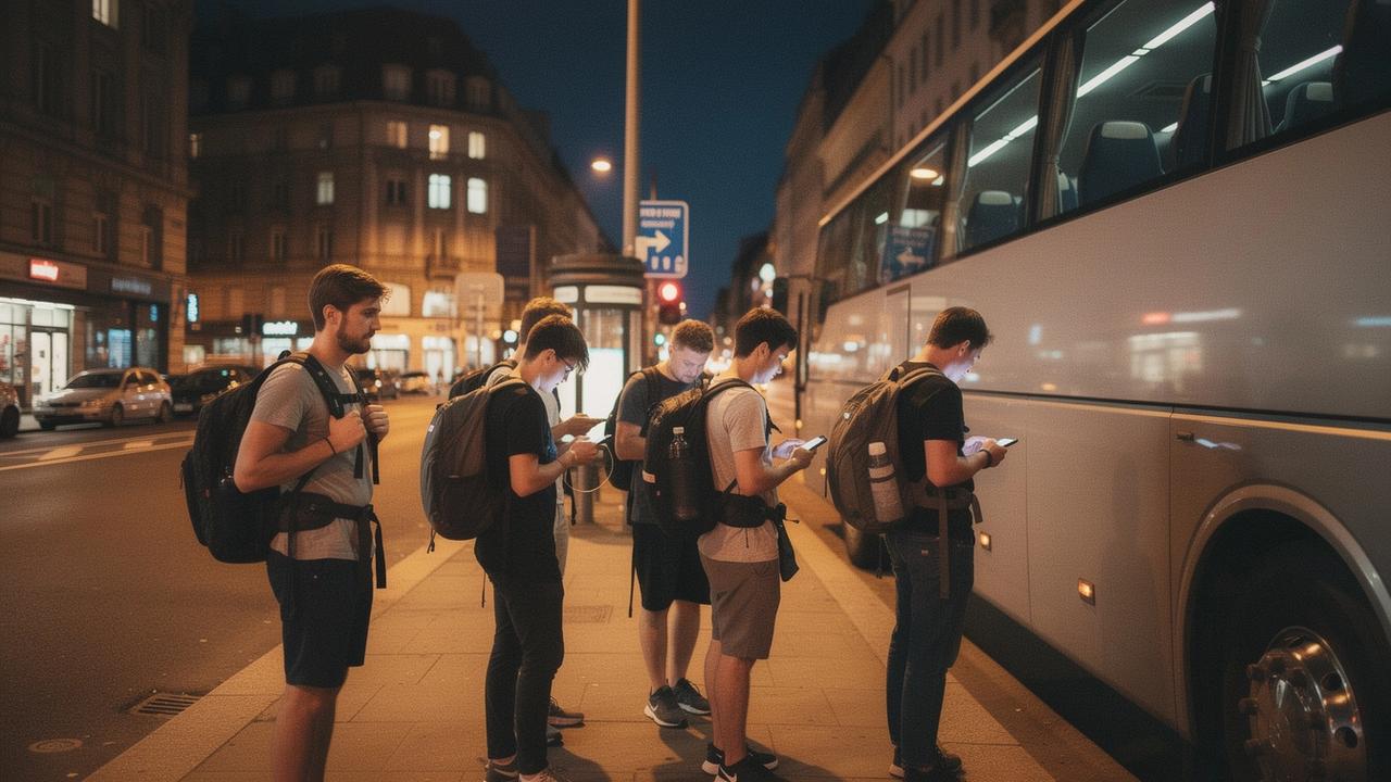 Group of young travellers waiting with backpacks at a night coach departure point